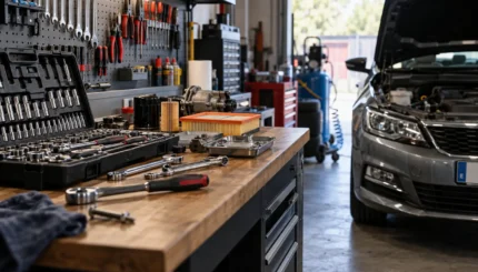 Cómo preparar un pequeño taller para el mantenimiento del coche 1 Taller mecanico con coche en reparacion