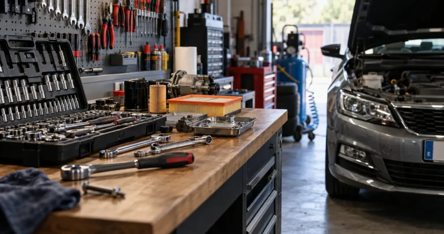 Taller mecanico con coche en reparacion